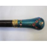 Vintage parasol frame with gold-coloured collar and enamelled handle, turquoise with pink swags of