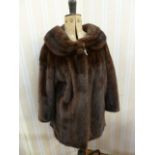 Vintage dark brown mink coat, three quarter length, with a cowl collar, bracelet sleeves, single