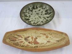 Lamorna lozenge-shaped dish in terracotta, marked to base, 44.5cm wide and Barber Casarden pottery