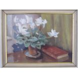 D. Hardyment (20th century school) Oil on board Still life study of flowers in a pot with book,