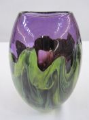 Studio art glass vase in purple and green, cylindrical shaped, marked to base 'Alexander(?)', 17cm