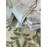 Quantity of table linen to include damask table napkins, damask tablecloth, batik circular