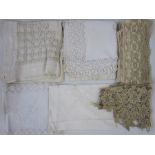 Assorted lace and linen items to include a gros point, possibly Venetian, lace collar with picot