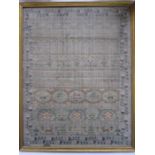 Early 19th century sampler with alphabet, verse, animals and floral border by 'Eliza Daydon, 08',