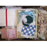 Pair of cotton sheets, assorted table linen and two vintage pinafores, one printed with the head