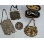 Late 19th century beaded bag with diamante detail, fixed frame and chain handles, chain mail evening