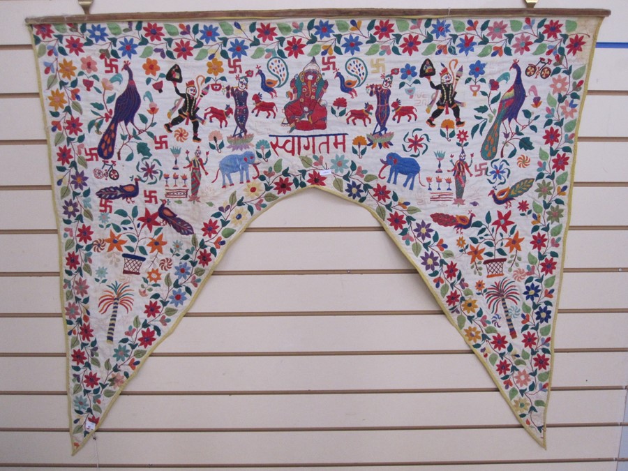 Hand embroidered possible tent hanging, showing Indian figures, birds, animals