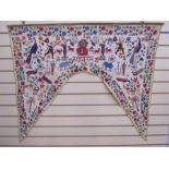 Hand embroidered possible tent hanging, showing Indian figures, birds, animals