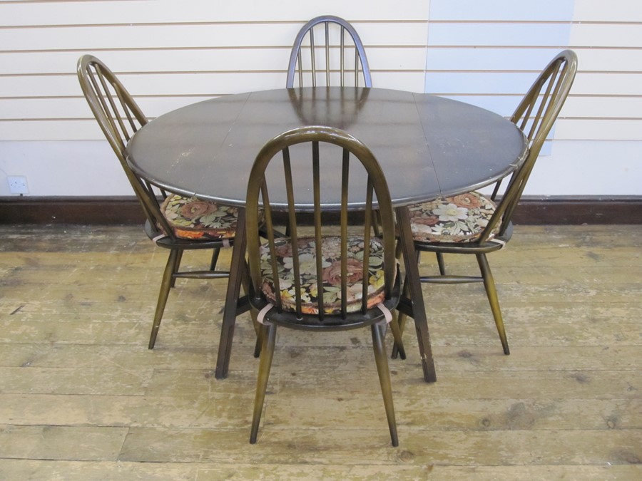 Set of four dark Ercol dining chairs and matching drop-leaf table (5)