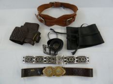 Selection of leather belts including a wide brown plaited leather, a black leather Obi-style