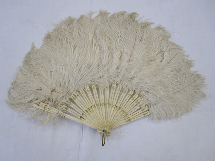 Small ostrich feather fan with bone sticks and guards, with gilt decorations