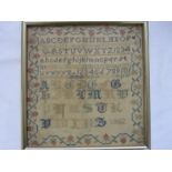 19th century sampler with alphabet and floral border, dated 1862, 23cm x 22cm approx