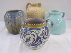 Poole pottery jug (damaged), Barnstaple two-handled vase, studio pottery vase marked to base '