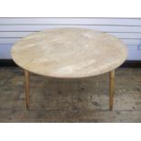 Arts and Crafts light oak circular dining table on three tapering supports, 120cm diameter approx