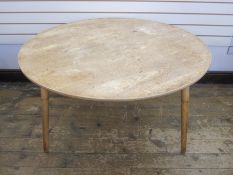 Arts and Crafts light oak circular dining table on three tapering supports, 120cm diameter approx