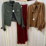 Isabel de Pedro maxi red wool skirt, green tweed jacket, breast pockets, silver button detail (