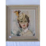 20th century school Oil on board Head and shoulders study of a young lady wearing a hat with