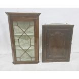 Mahogany wall-hanging corner display cabinet with astragal-glazed door enclosing three shelves and