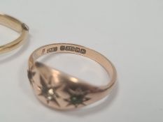 9ct gold ring set with white and green stones (worn), an 18ct gold solitaire diamond ring, collet