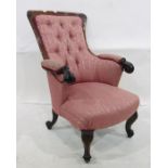 19th century rosewood armchair with pink patterned upholstery, carved cabriole legs Condition