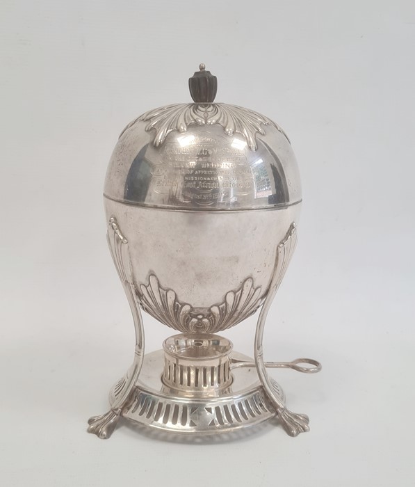 Edwardian silver egg boiler, ovoid and lidded, with presentation inscription dated 1905, raised on