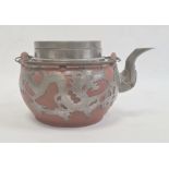 Redware and white metal clad teapot with twin metal loop handle, dragon decorated