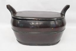 20th century Chinese black lacquer lidded twin-handled rice box of oblong form, character mark to