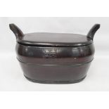 20th century Chinese black lacquer lidded twin-handled rice box of oblong form, character mark to