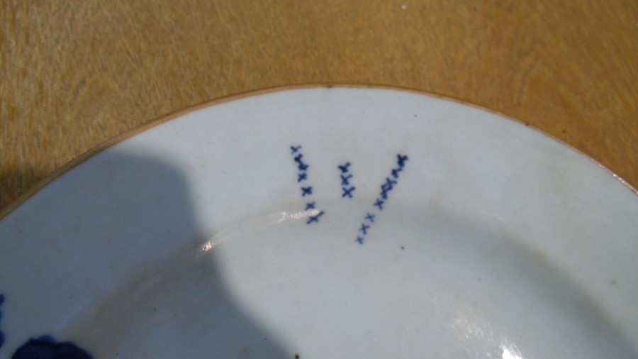 Pair Chinese porcelain plates painted in blue with chrysanthemums and lakeside buildings, enamel - Image 6 of 11