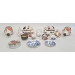 Coalport porcelain blue and white miniature trio, small quantity porcelain miniatures, pair