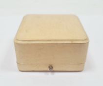 Square Faberge jewellery box in cream with blue velvet lining to interior, marked to inside of