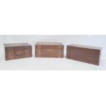 19th century mahogany and shell inlaid rectangular tea caddy and two parquetry inlaid work boxes (3)