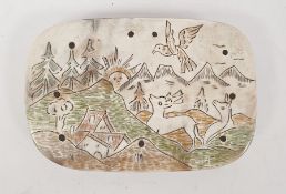 An early 20th century horn trinket box, incised decoration of deer amongst mountainous landscape,