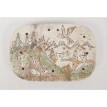 An early 20th century horn trinket box, incised decoration of deer amongst mountainous landscape,