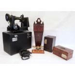 19th century candle box, set of postal scales, sewing machine, etc