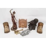 Box of assorted items to include book ends in the form of sphinx, pine decoy duck, miniature brass