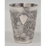 Indo China, probably Vietnamese, beaker decorated with buffalo and figure on a bridge, in lakeside