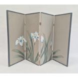 Painted folding table screen, the four panels painted with iris, 43cm high