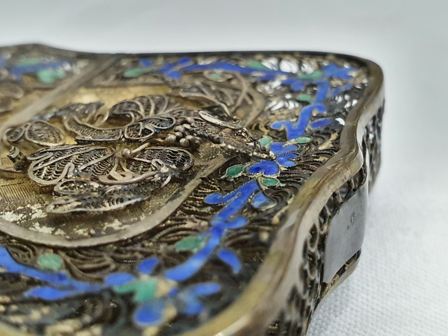 A 19th century Chinese silver coloured metal and enamel card case, the filigree case decorated - Image 6 of 36