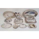 Various silver plated oval trays, rectangular entree dish and oval entree dish with gadrooned and