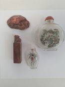 Large Chinese internally decorated glass snuff bottle, flattened circular with mountain landscape