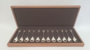 Set of 12 silver spoons from the RSPB Spoon Collection, each spoon with a silver-gilt finial