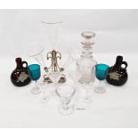 Three-branch glass epergne, assorted wines, decanter, etc