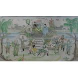 Chinese school Large print with wash Figures on a dais watching warriors in garden below, with