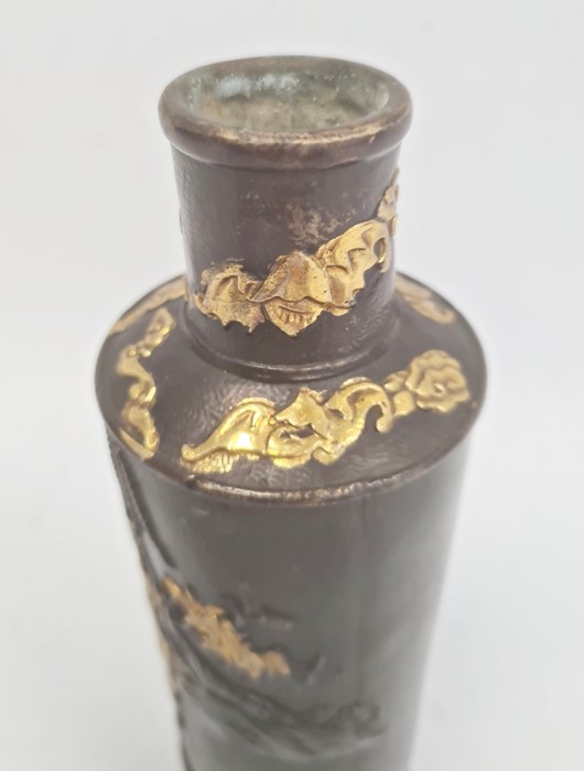 Unusual Chinese painted bronze vase, rouleau-shape with gilt cattle and flowers in a mountainous - Image 3 of 4
