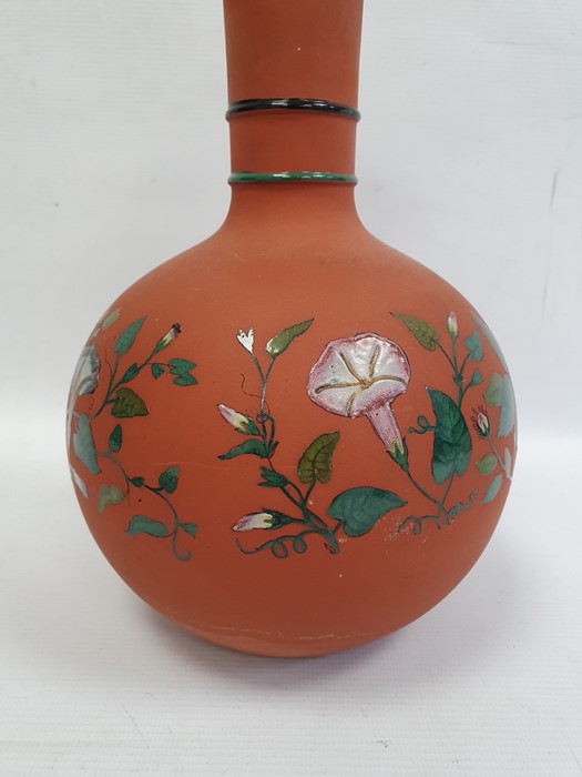 19th century terracotta bottle vase and cover decorated with enamels with convolvulus and the - Image 2 of 9