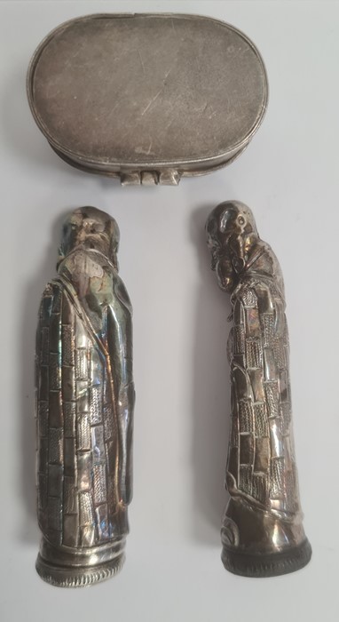 Two white metal figural sifters, modelled as robed Chinese figures, their foreheads pierced, 8cm - Image 2 of 2