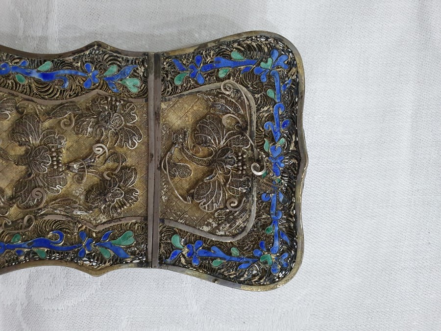 A 19th century Chinese silver coloured metal and enamel card case, the filigree case decorated - Image 3 of 36