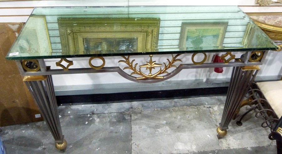 Modern bi-colour metal console table, the base with a frieze of geometric shapes and square tapering