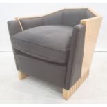 Pair of Art Deco-style modern armchairs in burr maple and black leather (2) Condition ReportSee